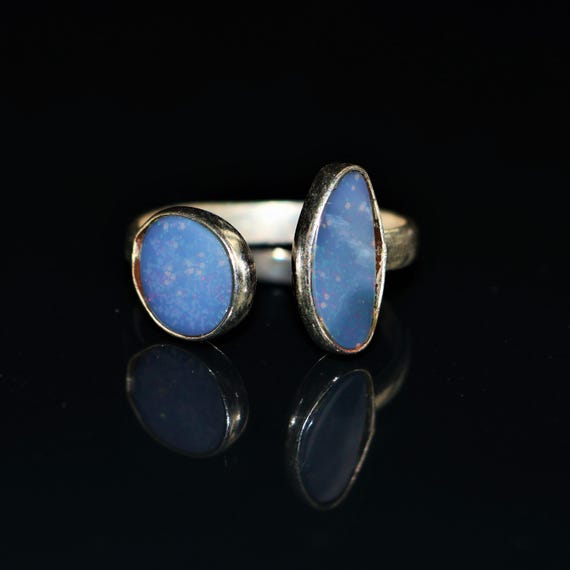 Australian Opal Ring, Sterling Silver Ring, Natural Blue Opal Ring, Adjustable Minimalist Gemstone Jewelry, Double Stone Ring Gift for Her.