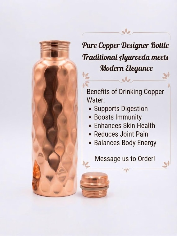 Handmade Pure Copper Hammered Water Bottle, Designer Ayurvedic Copper Vessel, Leakproof Metal Drinkware, Yoga And Wellness Gift, 1000ml