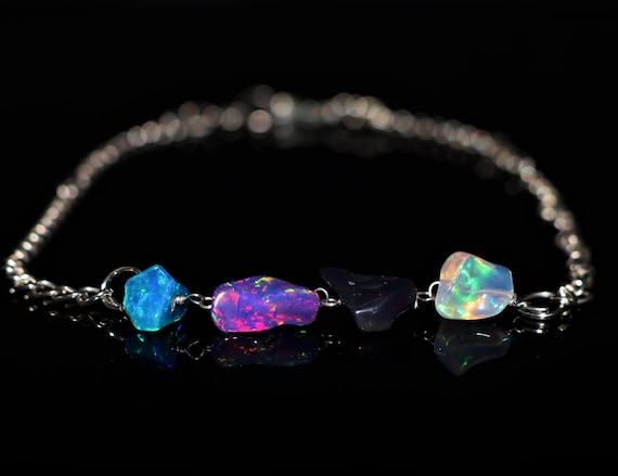 Multi color fire opal tumble gold chain bracelet for women, fire opal jewelry, October birthstone, AAA Ethiopian opal bracelet, Gift for her
