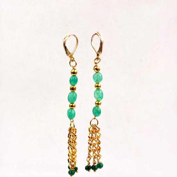Natural Emerald Dangle Earrings, Raw Green Gemstone Drop Earrings, Gold Chain Tassel Leverback Earrings, Gemstone Jewelry, Gift for Her