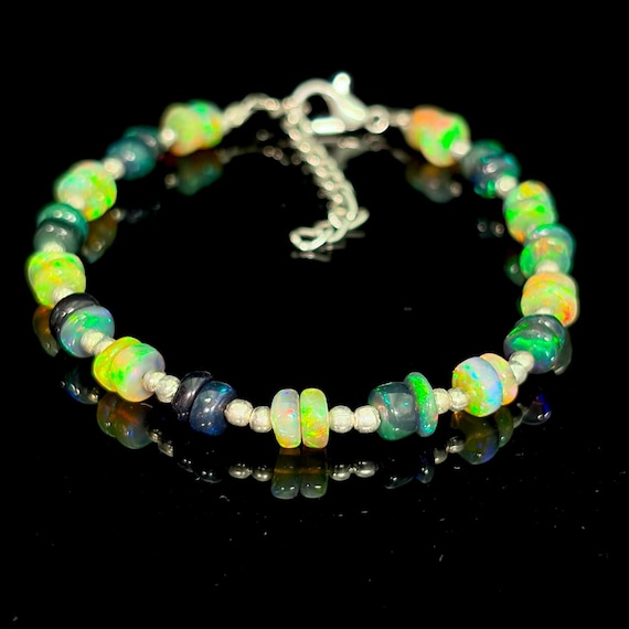 Natural Black Fire Opal Bracelet, Natural Ethiopian Fire Opal Beaded Bracelet with Silver Spacers, October Birthstone, Dainty Gemstone Gift.