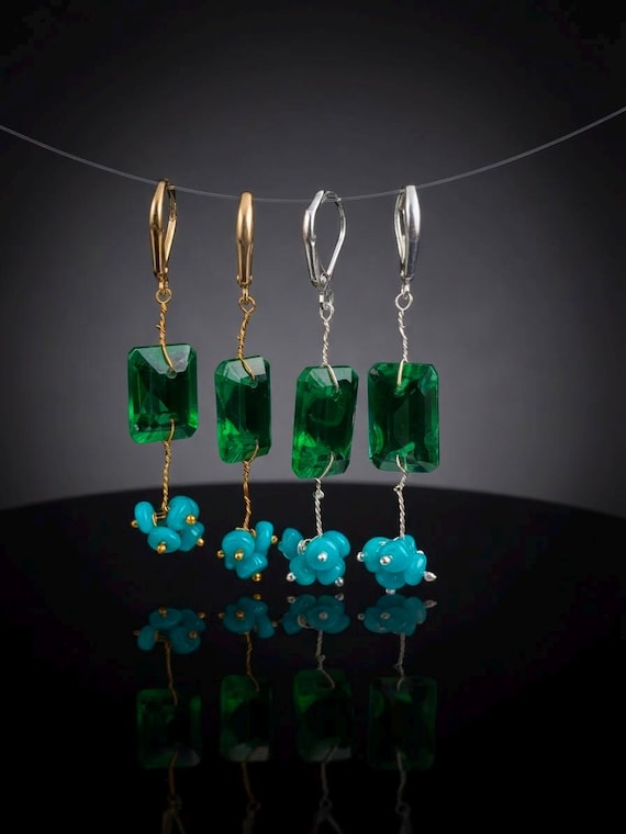 Green Emerald Gemstone And Green Fire Opal Beaded Cluster Earrings, Bohemian Sterling Silver For Women And Boho Jewelry, Minimalist Earring
