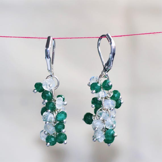 Emerald And Rainbow Moonstone Earrings, AAA Rainbow , 925 Sterling Silver earrings, Cluster earrings for her, Women earrings, Gift for her.