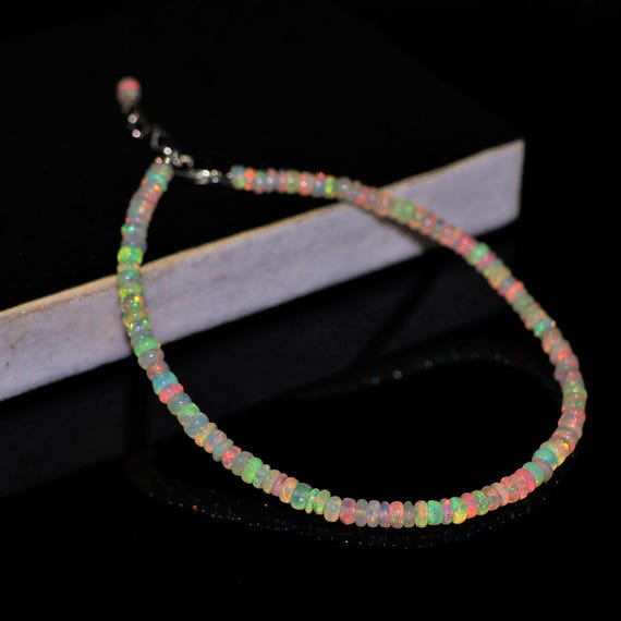 Natural Fire Opal bracelet, Minimalist bracelet, Handmade jewelry, AAA Ethiopian opal beaded bracelet, quality opal bracelet gift for her.