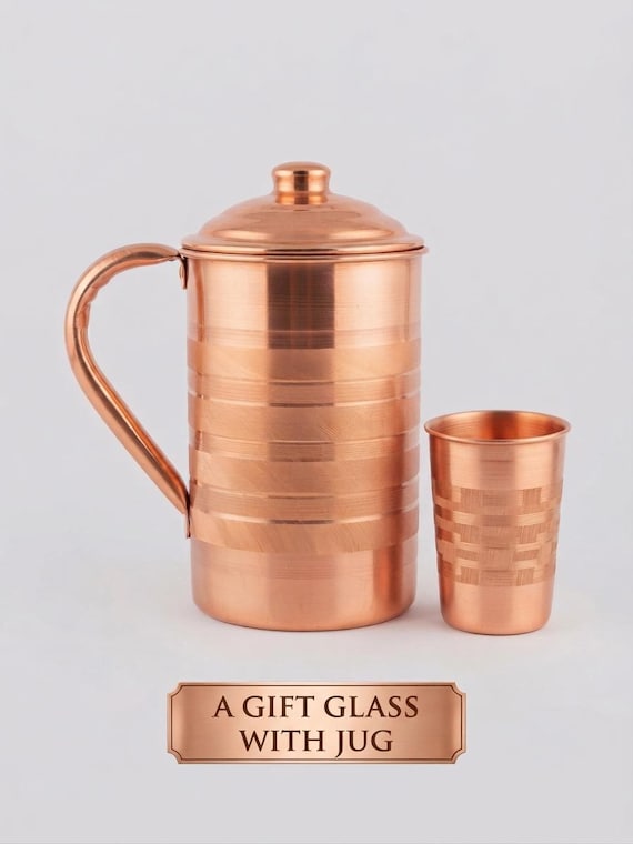 Handmade Pure Copper Water Jug with Lid, Ayurvedic Pitcher for Water, Metal Drinkware, Yoga & Wellness Kitchen Decor, 1500ml