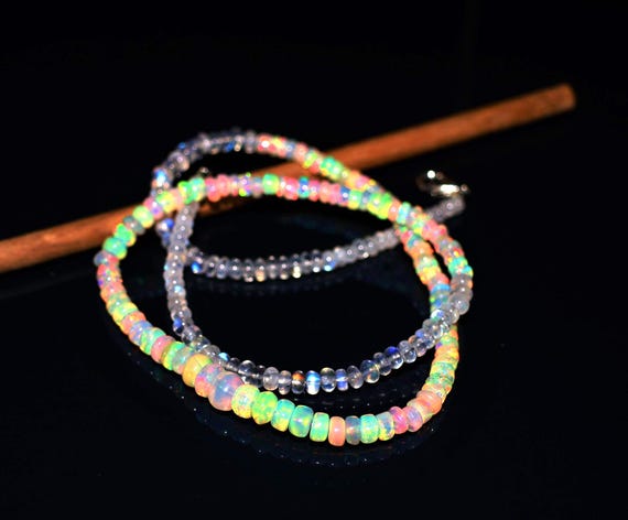 Handmade Ethiopian Opal Rainbow Moonstone Rondelle Necklace, October Birthstone, Minimalist Jewelry