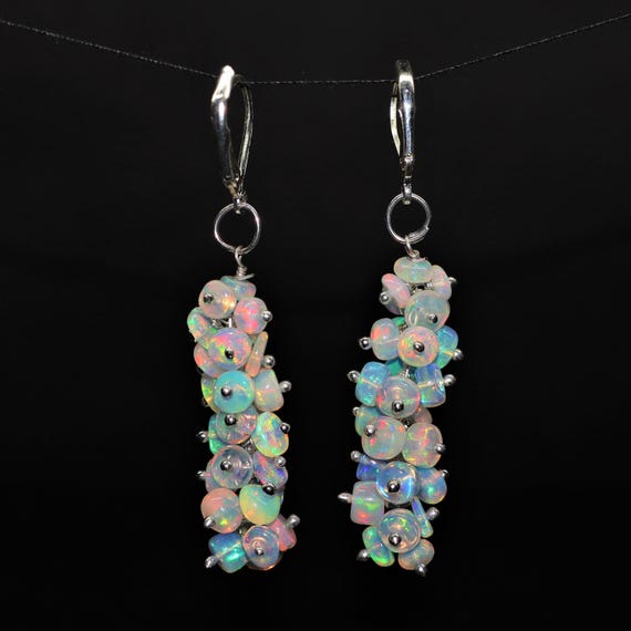 Vintage Fire Opal Earrings, AAA Ethiopian Opal , 925 Sterling Silver Earrings, Cluster Earrings For Her, Women Earrings, Gift For Her.