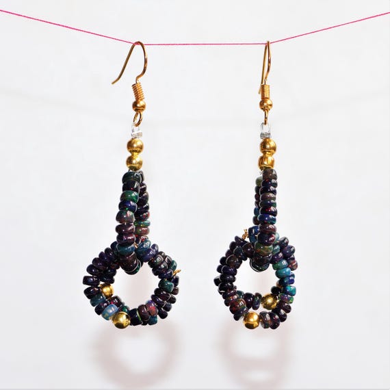 Vintage Black fire opal jewelry, Ethiopian opal earrings, 925 Sterling Silver earring, Gold earring, Cluster earrings for her, Gift for her.