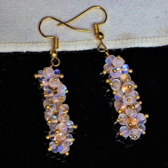 AAA Rainbow Moonstone Cluster Earrings, 925 Sterling Silver, Gold Filled, Minimalist Style