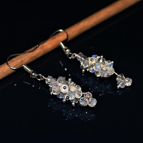 Vintage Rainbow Moonstone Cluster Earrings, AAA Ethiopian Opal, 925 Sterling Silver