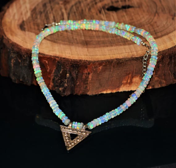 Sterling Silver Vintage Fire Natural Ethiopian Opal Beaded Necklace, AAA Natural Ethiopian Opal Beaded Necklace For Women, Gift For her.