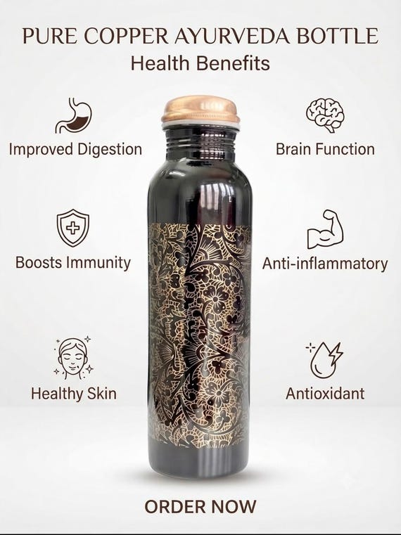 Handmade Pure Copper Water Bottle, Ayurvedic Yoga Copper Vessel, Floral Engraved Leakproof Metal Bottle, Health Wellness Gift, 1000ml