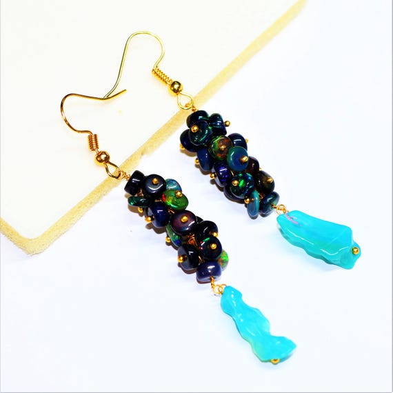Minimalist Style Black Opal Beaded And Tumble Earrings, AAA Opal Earrings For Women, Black Opal Beaded Earrings, Perfect For Gift For Her.
