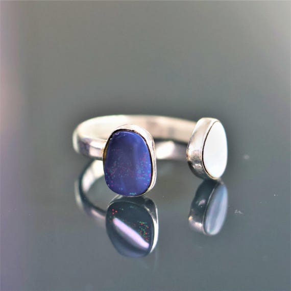 Adjustable Australian Opal Ring, Sterling Silver Ring, Natural Blue Opal Ring, Minimalist Gemstone Jewelry, Double Stone Ring Gift for Her.