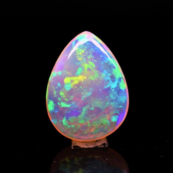 Natural White Ethiopian Opal Cabochon, Pear Shape, 14.85 Carat, Rainbow Fire Gemstone