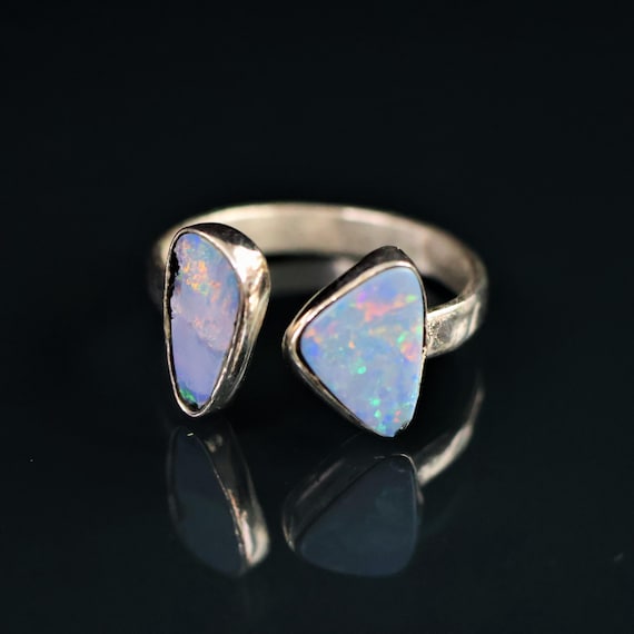2.00 Gram Australian Opal Ring, Sterling Silver Ring, Blue Opal Ring, Adjustable Minimalist Gemstone Jewelry, Double Stone Ring Gift for Her