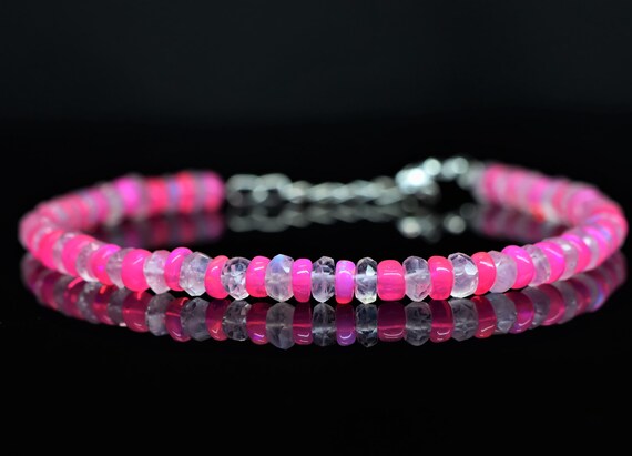 Natural Pink Opal Moonstone Beaded Bracelet, Dainty Solar Lunar Healing Stone Jewelry
