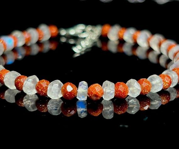 Handmade Sunstone And Moonstone Beaded Bracelet, Natural Gemstone Crystal Jewelry, Dainty Solar, Lunar Healing Stone Bracelet, Gift for Her.