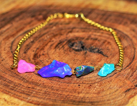 Multi color fire opal tumble gold chain bracelet for women, fire opal jewelry, October birthstone, AAA Ethiopian opal bracelet, Gift for her