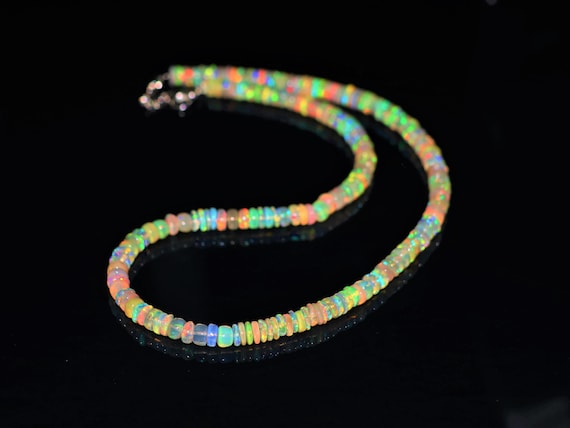 Vintage Fire Natural Ethiopian Opal Beaded Necklace, AAA Natural Ethiopian Opal Beaded Necklace For Women, Gift For her.