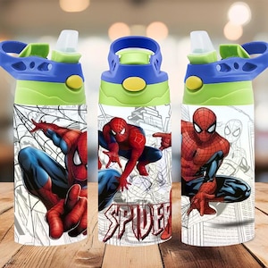 May include: Three water bottles with blue, green, and yellow lids. Each bottle features a Spider-Man graphic in red, blue, and white. The word "SPIDER" is printed on one bottle.