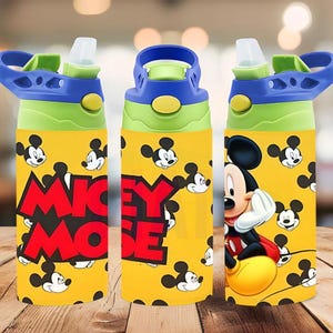 May include: Three yellow water bottles with blue and green lids. The bottles feature a Mickey Mouse theme, with the words "MICKEY MOUSE" in red and black, and images of Mickey Mouse. The bottles are designed for kids.