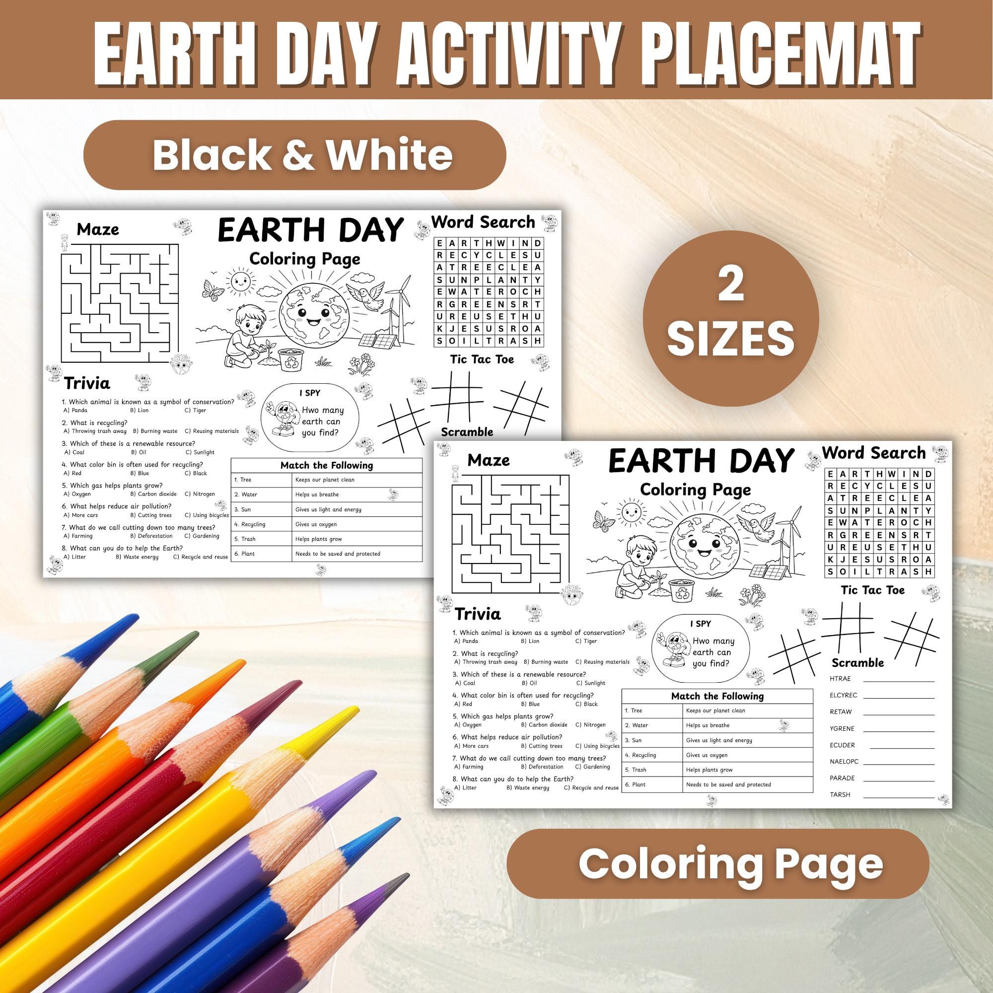 Earth Day Activity Placemat Printable for Kids, Earth Day Coloring Page ...