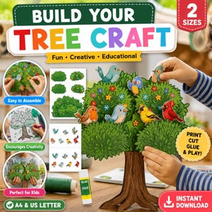 Build Your Own Tree Craft Template for Kids, Summer Nature Activity, Printable Tree Craft with Birds, Fine Motor Skills Learning Craft