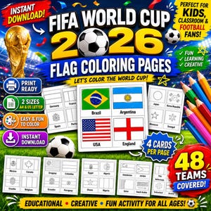 Målarbilder med flaggor från FIFA World Cup 2026 för barn, utskrivbar aktivitetsbok med 48 lag i fotboll, pedagogiska målarbilder med fotboll i PDF-format för nedladdning
