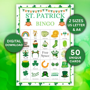 St Patrick's Day Bingo Game for Kids & Adults, Irish Holiday Party Bingo Cards, Shamrock Leprechaun Bingo for Classroom, Family n Party Game