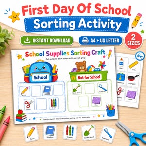 Actividad imprimible para clasificar el primer día de clases, hoja de trabajo para recortar y pegar útiles escolares, PDF para la vuelta al cole (preescolar y jardín de infancia)