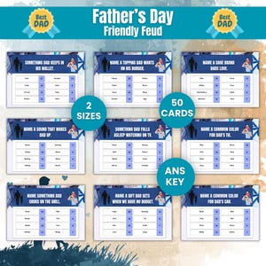Juego imprimible de preguntas y respuestas para el Día del Padre, 50 tarjetas estilo encuesta para niños y adultos, divertido juego para fiestas del Día del Padre, actividad para reuniones familiares.