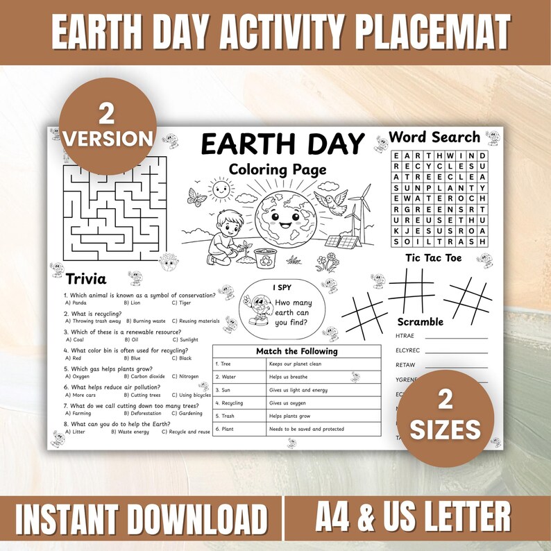 Earth Day Activity Placemat Printable for Kids, Earth Day Coloring Page ...