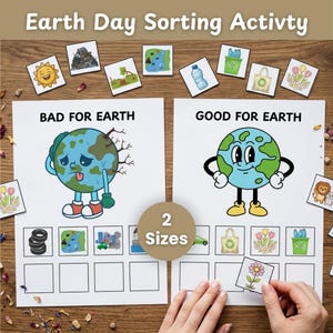 Puede incluir: Actividad de clasificación del Día de la Tierra con el texto "Earth Day Sorting Activity". La actividad incluye dos hojas etiquetadas como "Malo para la Tierra" y "Bueno para la Tierra" con ilustraciones de la Tierra. También se incluyen tarjetas de clasificación con varias imágenes.