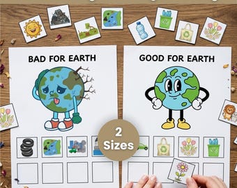 May include: Earth Day sorting activity with the text "Earth Day Sorting Activity". The activity includes two sheets labeled "Bad for Earth" and "Good for Earth" with illustrations of the Earth. There are also sorting cards with various images.