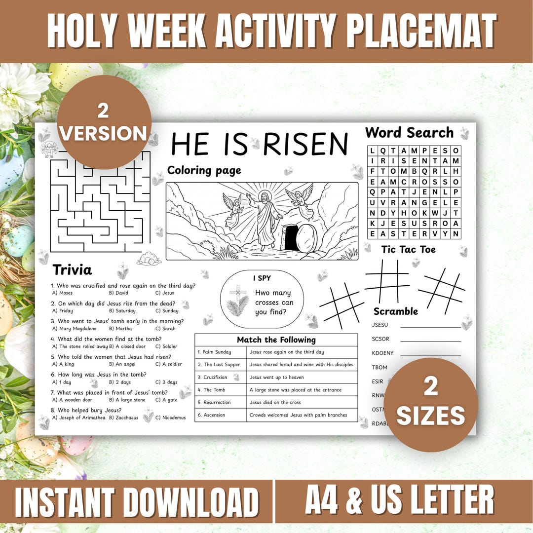 Holy Week Activity Placemat for Kids, Easter Printable Coloring Page ...
