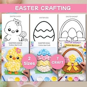 May include: Image of Easter craft kits featuring designs for an Easter chick, egg, and basket, all cotton ball crafts. The image also displays the text "2 Sizes" and "7 Craft".