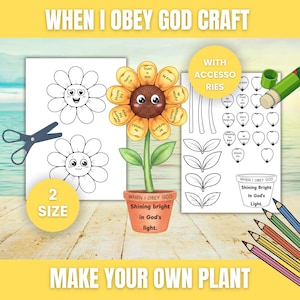Może przedstawiać: Zestaw do majsterkowania z papierowym kwiatem w doniczce z napisem 'WHEN I OBEY GOD Shining bright in God's light.' Zestaw zawiera czarno-białe arkusze do druku z płatkami kwiatów, liśćmi, łodygami, klej w sztyfcie oraz kredki do kolorowania.