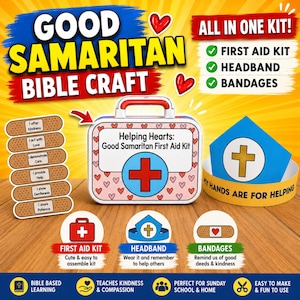May include: A Good Samaritan Bible Craft kit with a first aid kit, headband, and bandages. The first aid kit is pink with a red cross and heart details. The headband is blue with a cross, and the bandages have hearts.