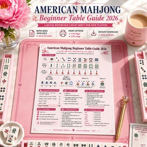 Può includere: Una guida da tavolo per principianti al Mahjong americano 2026 stampata su carta bianca con accenti floreali rosa. La guida mostra le famiglie di tessere, i set standard, la configurazione del tavolo, le regole di gioco e i termini.