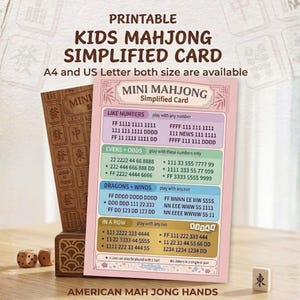 May include: A printable Mini Mahjong Simplified Card featuring sections for Like Numbers, Evens + Odds, Dragons + Winds, and In A Row. The pink card displays various number and letter combinations for American Mah Jong hands, with A4 and US Letter sizes available.