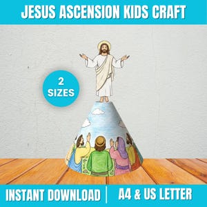 Puede incluir: Un proyecto de manualidades para niños que representa la ascensión de Jesús, con un diseño en forma de cono y figuras debajo. El texto "JESUS ASCENSION KIDS CRAFT" está en la parte superior. Un círculo azul con "2 SIZES" está a la izquierda. El texto "INSTANT DOWNLOAD" está en la parte inferior.
