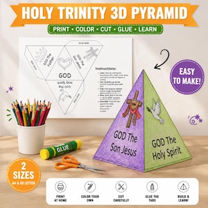 Könnte beinhalten: Ein farbenfrohes 3D-Pyramiden-Bastelset mit dem Text "HOLY TRINITY 3D PYRAMID". Das Set enthält eine gedruckte Vorlage, Buntstifte, einen Klebestift und eine Schere. Die fertige Pyramide zeigt den Text "GOD The Son Jesus" und "GOD The Holy Spirit".
