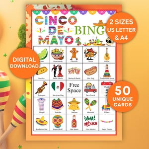 May include: A colorful Cinco de Mayo Bingo game with festive illustrations and the text "Cinco de Mayo Bingo." The game includes 50 unique cards and is available in two sizes: US Letter and A4. The words "Digital Download" are also visible.