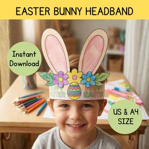 Diadema de conejo de Pascua imprimible, diadema de Pascua para niños, orejas de conejo para colorear, manualidades de Pascua para preescolar