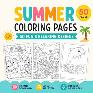 Zomerkleurplaten voor kinderen, 50 afdrukbare kleurplaten, gemakkelijk en leuk zomeractiviteitenboek, kleuterschool, kleuterschool en thuisschool pdf