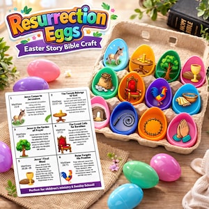 May include: A colourful Easter Story Bible Craft set featuring Resurrection Eggs. The set includes a cardboard egg carton with twelve decorated plastic eggs, each with a different scene. A card with text is also included. The eggs are in various colours.