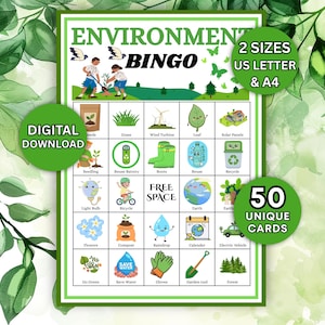 Könnte beinhalten: Ein digitaler Download des Spiels "Umwelt-Bingo". Das Spielbrett zeigt Illustrationen zu Umweltthemen, darunter Recycling, Sonnenkollektoren und Gartenarbeit. Der Text enthält "2 Größen US Letter & A4", "50 einzigartige Karten" und "Digitaler Download".