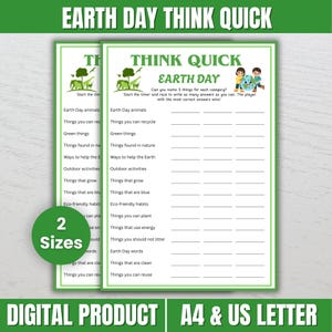 Earth Day Think Quick Game for Kids, Fast Thinking Party Game, Classroom Activity Printable, Eco Friendly Learning Worksheet A4 US Letter