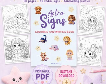 Coloring and Writing Book for Kids 60 pages: Cute Zodiac Kawaii Characters